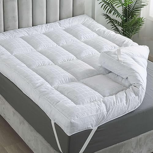 5 Inch Duck Feather Bed Queen Size, 100% Cotton Extra Thick Mattress Topper, 2500gsm Overfilled Pillow Top, Hotel Collection Mattress Topper - Queen - White Jacquard(5in)