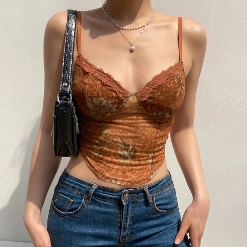 Witchy Goth 'Amber Spell' Orange Autumn Mesh Cami Top - Brown / S