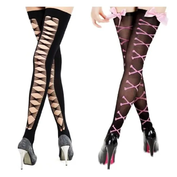 
                            kilofly Black Thigh Highs Combo [Set of 2 Pairs] - Cross Net Back & Bowknots
                        