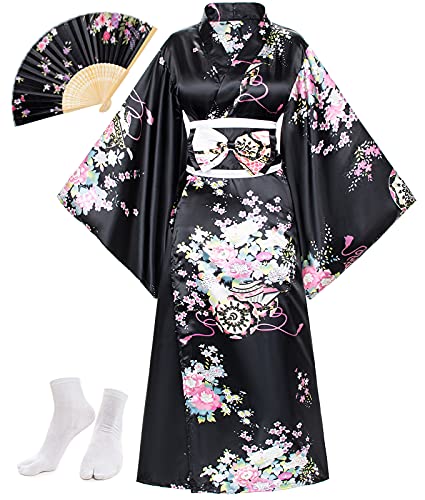 Elibelle Japanese Anime Women's Kimono Robe Geisha Yukata Sweet Dress Blossom Satin Bathrobe Sleepwear Fans Tabi Socks set - One Size - Black