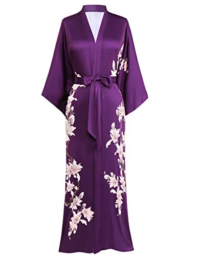 BABEYOND Kimono Robe Cover up Long Floral Satin Sleepwear Silky Bathrobe Bachelorette Robe - One Size - Violet