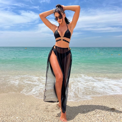 Amorino Women's Black Strappy Bikini Set with Sheer Mesh Cover Up - Black / M