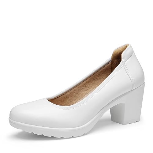 Mistress Lilith - Women's Chunky Closed Toe Low Block Heels Work Pumps Comfortable Round Toe Dress Wedding - 5 UK - White