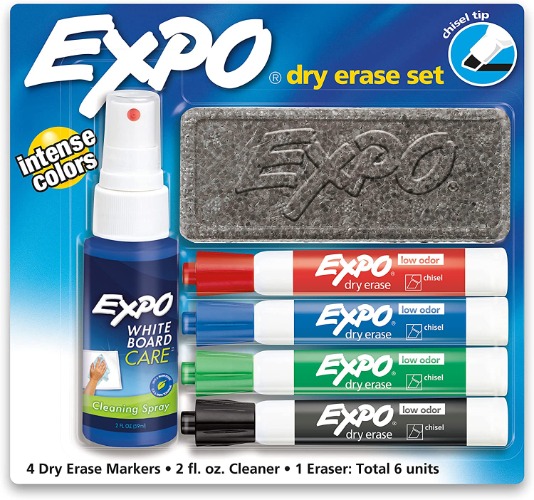 EXPO Low Odor Dry Erase Marker Starter Set, Chisel Tip, Assorted, Whiteboard Eraser, Cleaning Spray, 6 Count - Chisel Tip Markers