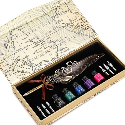 NC Quill Pen and Ink Set, Feather Pen Ink Set Includes 5 Bottles of Ink and 6 Replaceable Nibs,1 Mechanical Quill pen, Calligraphy Pen for Writing,Writing Letters,Diary, Signing, Invitation Etc(Grey)