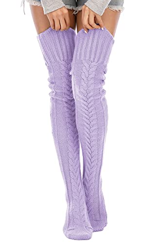SherryDC Women's Cable Knit Thigh High Socks Winter Boot Stockings Extra Long Over Knee High Leg Warmers - Light Purple
