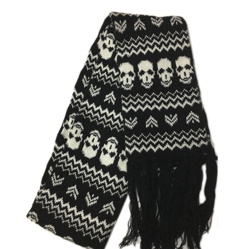 Black and White Skull Winter Scarf With Fringe Detail