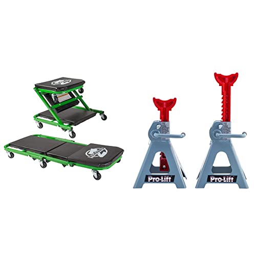 Pro-LifT T-6903D Double Pin Jack Stands - 3 Ton C-2036DG Black/Green 300 Lbs Mechanic Creeper - Garage Equipment for Automotive Maintenance with Padded Cushions - Green - Creeper + Double Pin Jack Stands