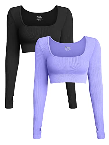 OQQ Women's 2 Piece Crop Top Ribbed Seamless Workout Exercise Long Sleeve Crop Tops - Large - Black,purple