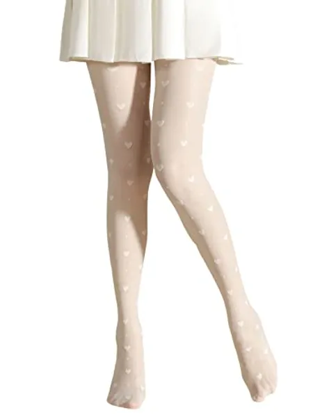 Milumia Women's Heart Printed Tights Semi Sheer High Waist Stockings Pantyhose White One Size