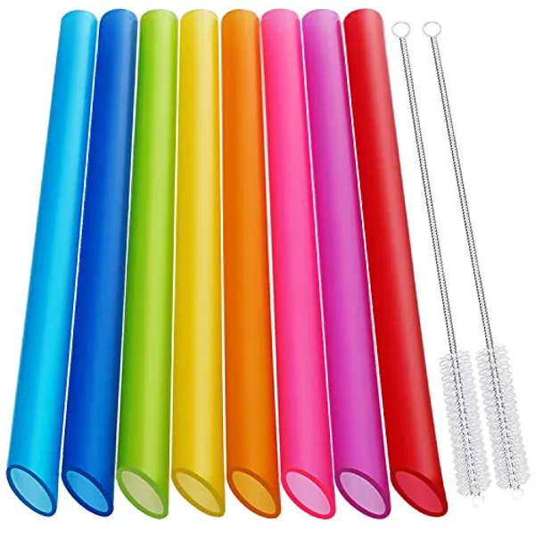 [Angled Tips] 8 Pcs Reusable Boba Straws & Smoothie Straws - Multi Colors Jumbo Wide Reusable Straws, BPA FREE Food-Grade Plastic Straws for Bubble Tea(Tapioca, Boba Pearls), Milkshakes with 2 Brushes