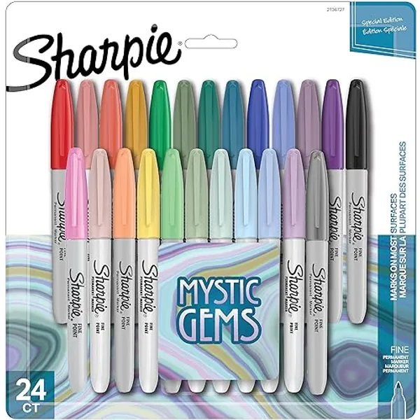 SHARPIE Permanent Markers, Fine Point, Featuring Mystic Gem Color Markers, Assorted, 24 Count