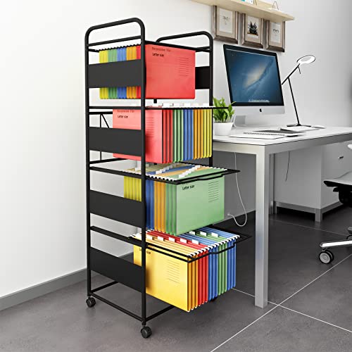 PUNCIA 4 Tiers Metal Rolling File Carts with Wheels Hanging Files for Letter Size Movable Pull-Out File Folder Rack Drawer File Cabinet for Home Office - 4 Tiers - Black