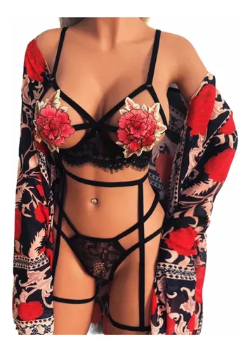 MERCADOLIBRE Conjunto Sexy Lencería Tanga Arnés Bra Encaje Modelo Flor 2