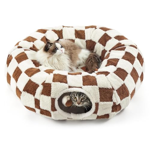 Lesure Cat Tunnel Bed for Indoor Cats - Cute Cat Donut Tunnel with Washable Circle Cushion, Round Pet Play Tunnel Toy for Kitten/Puppy/Rabbit,Brown - Brown
