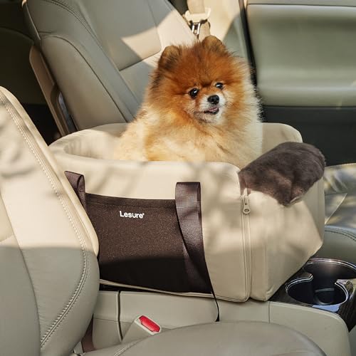 Lesure Console Dog Car Seat - Small Pet Carpool Seat Center Console for Small Dogs Waterproof Seats with Storage Pockets Clip-On Leash for Travel Carrier Booster Bed, Beige - Dark Beige