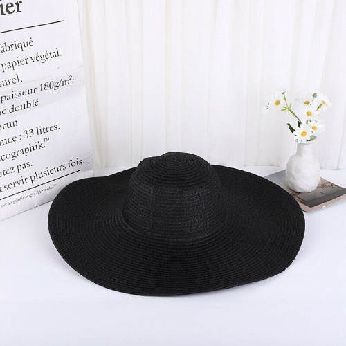 USA Women's Summer Beach Hat Wide Brim Cap Large Sun Straw Floppy Folding Hat by Plugsus Home Furniture - Black