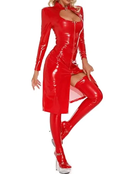 Miutii Women's Metallic Shiny Faux Leather Bodycon Dress Cutout Breast Exposing Zipper Club Dress