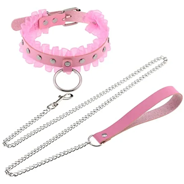 FM FM42 Multicolor PU Simulated Leather Silvert-Tone Rivets O Ring Lace Collar Choker Necklace with Detachable Chain Leash
