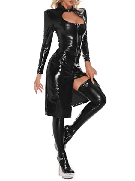 Miutii Women's Metallic Shiny Faux Leather Bodycon Dress Cutout Breast Exposing Zipper Club Dress