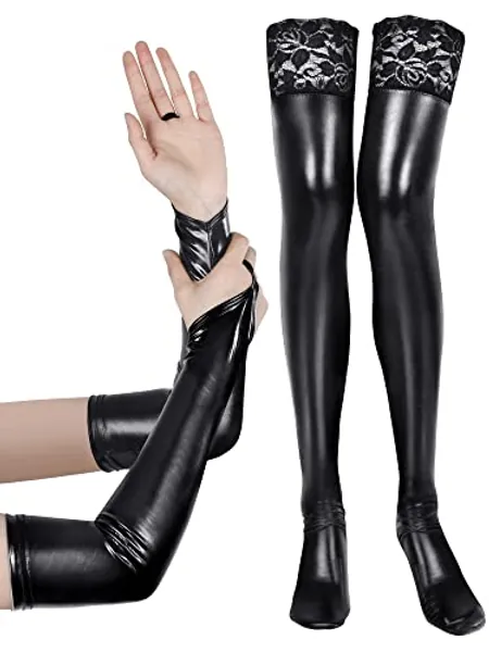 Bencailor Women's Wet Look Costume Set Include Fingerless Long Gloves Thigh High Stockings with Lace for Cosplay