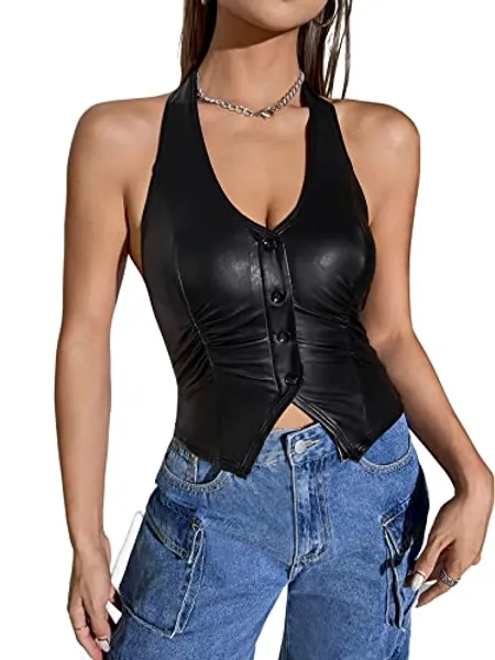 Verdusa Women's Button Front Ruched Halter V Neck Pu Leather Crop Halter Top