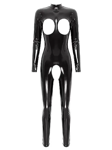 YiZYiF Women's Bodysuit Shiny Patent PVC Leather Catsuit Full Body Latex Tight Zipper Jumpsuit