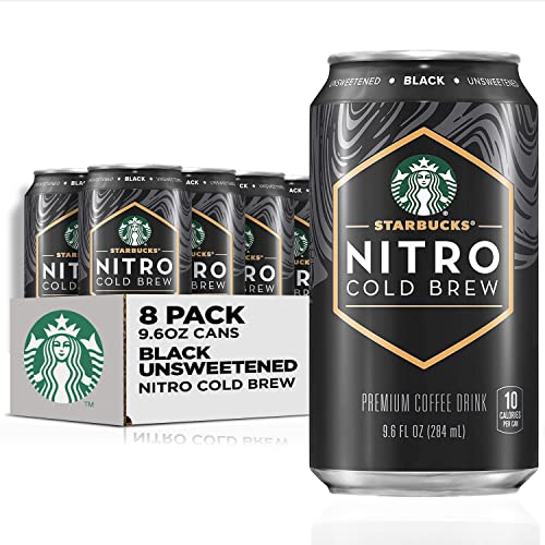 Starbucks Nitro Cold Brew Coffee, Black Unsweetened, 9.6 fl oz Cans (8 Pack), Iced Coffee, Cold Brew Coffee, Coffee Drink - Black Unsweetened - 9.6 Fl Oz (Pack of 8)