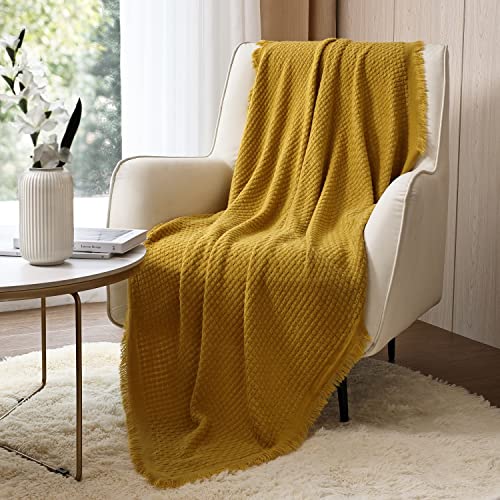 CREVENT Farmhouse Boho Knitted Throw Blanket for Couch Sofa Chair Bed Home Decoration, Soft Warm Cozy Light Weight for Spring Summer Fall (50''X60'' Mustard/Yellow) - Mustard Waffle