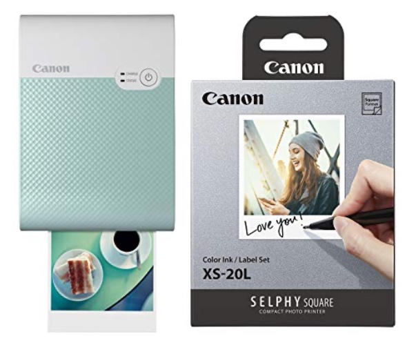 Canon SELPHY QX10 Compact Square Photo Printer, Green with Canon Color Ink/Label Set XS-20L (20 Sheets), Compatible to Canon SELPHY Square Printer - Green - Printer + Paper