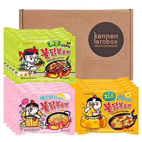 Kennenlernbox 15er Buldak Box | Samyang Hot Chicken Ramen Combo | 5er Pack Hot Chicken Carbonara & 5er Pack Cheese & 5er Pack Jjajang