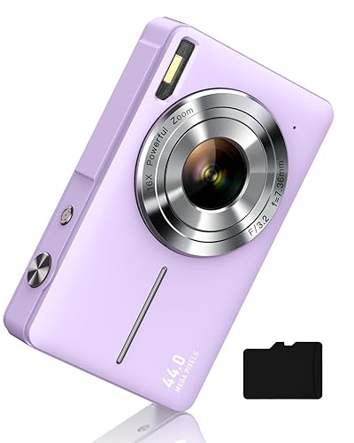 Digital Camera FHD 1080P, Camkory Kids Camera 44MP Point and Shoot Digital Cameras with 32GB Card, 16X Zoom, Two Batteries, Lanyard, Compact Small Camera Gift for Kids Boys Girls Students, Purple - Purple