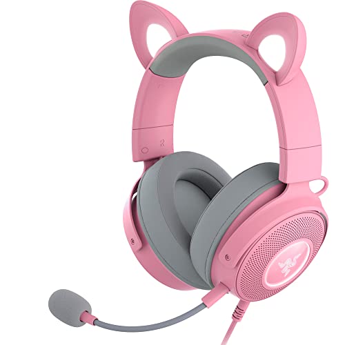Razer Kraken Kitty V2 Pro Wired RGB Headset: Interchangeable Ears (Kitty, Bear, Bunny) - Stream Reactive Lighting - Detachable HyperClear Cardioid Mic - 50mm Drivers - 7.1 Surround Sound - Quartz Pink - Quartz Pink - Kraken Kitty V2 Pro