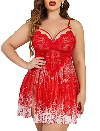 Avidlove Plus Size Lingerie Lace Babydoll Womens Strap Chemise Nightgown V Neck Nighty Mesh Sleepwear Side Slit Nightdress - Plus Size - 3X-Large - 1-christmas Red