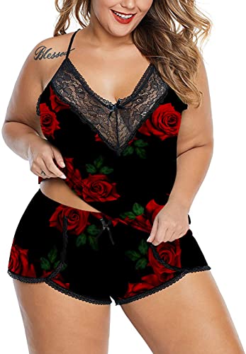 XAKALAKA Women Plus Size Pajamas Cami Shorts Set Nightwear Sexy Lace Lingerie Sleepwear - 3X-Large - Red Rose