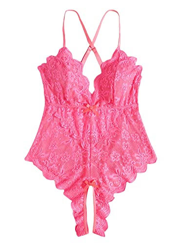 Romwe Women's Plus Size One Piece Teddy Lingerie Floral Lace Bodysuit Babydoll - 3X-Large Plus - Hot Pink