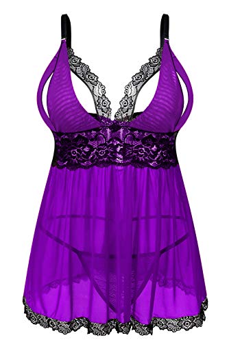Donnalla Women's Sexy Plus Size Lingerie - Split Cup Lace Babydoll Sleepwear Chemise Set 2XL,3XL,4XL - Medium - Purple