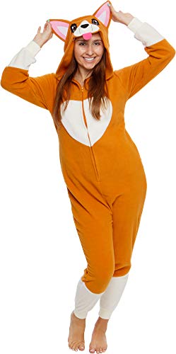 Funziez! Slim Fit Adult Onesie - Animal Halloween Costume - Plush Fruit One Piece Cosplay Suit for Women and Men - X-Large - Corgi