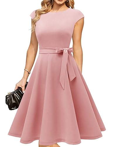 DRESSTELLS Cocktailkleid Damen Elegant 1950er Knielang Rockabilly Hochzeitkleid Vintage A-Line Swing Festlich Midilang Sommer Kleid - Blush - XL