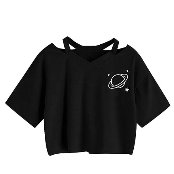 Oberteile Frauen Sommer, Ulanda Teenager Mädchen Mode Crop Top Sport V-Ausschnitt Shirt Bluse Damen Casual Rose Stickerei Kurzarm T-Shirts Hemd Tops Pullover Sale (Schwarz 2, XL)