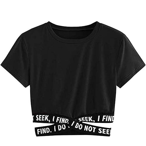 YEBIRAL Damen Crop Top, Teenager Mädchen Brief Drucken Bauchfrei Oberteil Pullover Kurzarm T-Shirt Sweatshirt Kurz Sport Rundhals Tops Shirt Hemd Bluse - XL - A-1 Schwarz