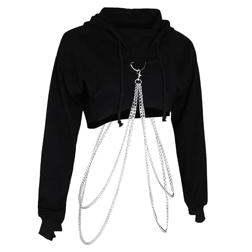 freneci Damen Hoodie Crop Top Langarmshirt Pullover Sweatshirt mit Kette bauchfreies Oberteil - Schwarz, L