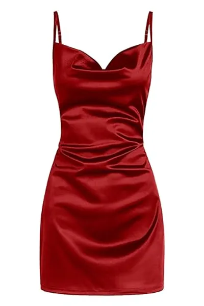 ZAFUL Women's Satin Sleeveless Spaghetti Strap Mini Dress Sexy Slip Cowl Neck Silky Cocktail Party Dresses - Red - Medium