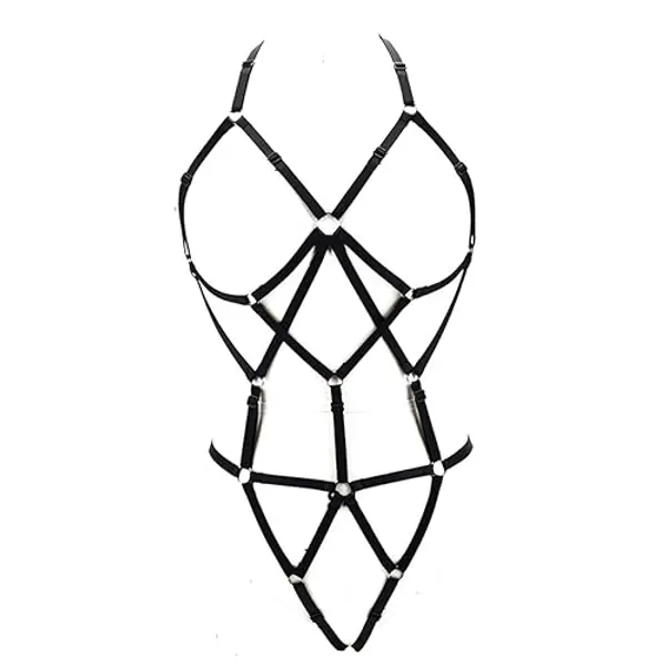 LIVE4COOL Women Harness Cupless Cage Bra Set Elastic Lingerie for Women Adjustable Hollow Out Strappy Set Sexy Strap Belt - Black 1