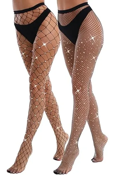 VEBZIN 2 Pack Sparkly Large And Medium Mesh Fishnet Tights For Women Glitter Rhinestone Fishnets Stockings - One Size - Black