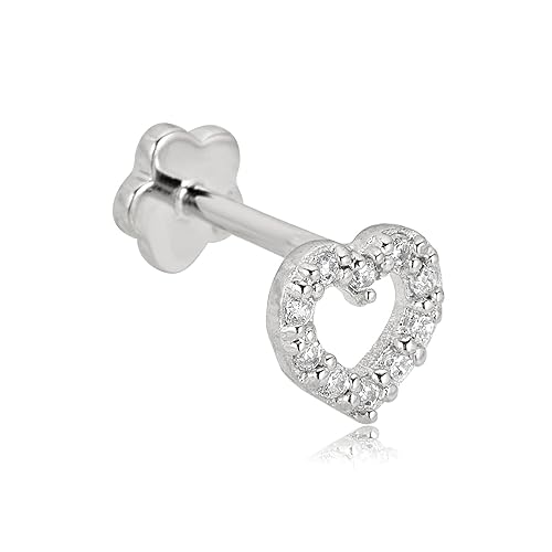 AVORA 14K Gold Simulated Diamond CZ Open Heart Cartilage Piercing Flat Back Earring Body Jewelry (18 Gauge) - White Gold