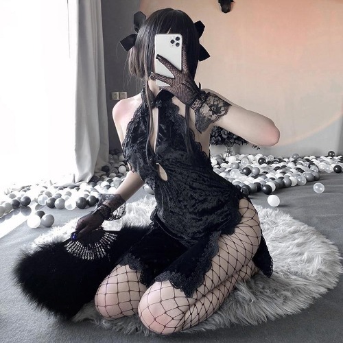 Black Velour Cheongsam Dress | Default Title