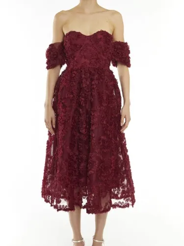 AMELIA FLORAL 3D BARDOT MIDAXI SKATER - Cocktailklänning - burgundy