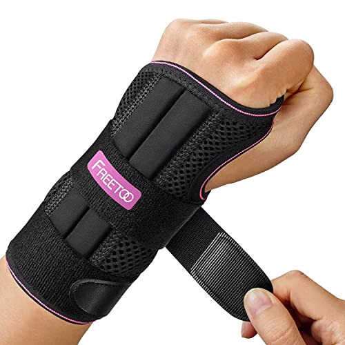 FREETOO Wrist Brace for Carpal Tunnel Relief, Strongest Wrist Support Splint with 3 Stays for Women Men, Adjustable Hand Brace for Sleeping Right Left Hand for Arthritis,Tendonitis,Rose Red(Left,S/M) - S/M(Wrist Size:13-20CM) - Left Hand-Rose Red