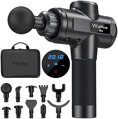 Muscle Massage Gun Deep Tissue Percussion Massager - Portable Handheld Sport Massagers for Athletes, Super Quiet & Powerful Brushless Motor Cordless, 20 Speed Level,Wattne W2 (Black) - Black